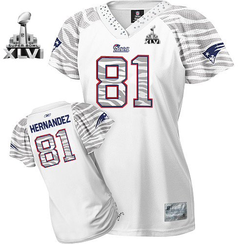 Patriots #81 Aaron Hernandez White Women's Zebra Field Flirt Super Bowl XLVI Stitched NFL Jersey